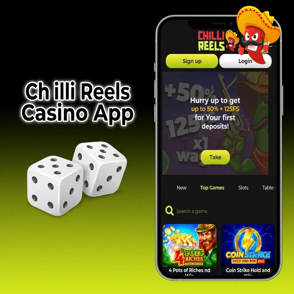 Chilli Reels Casino App interface showing slots, table games, and live dealer options with quick access navigation