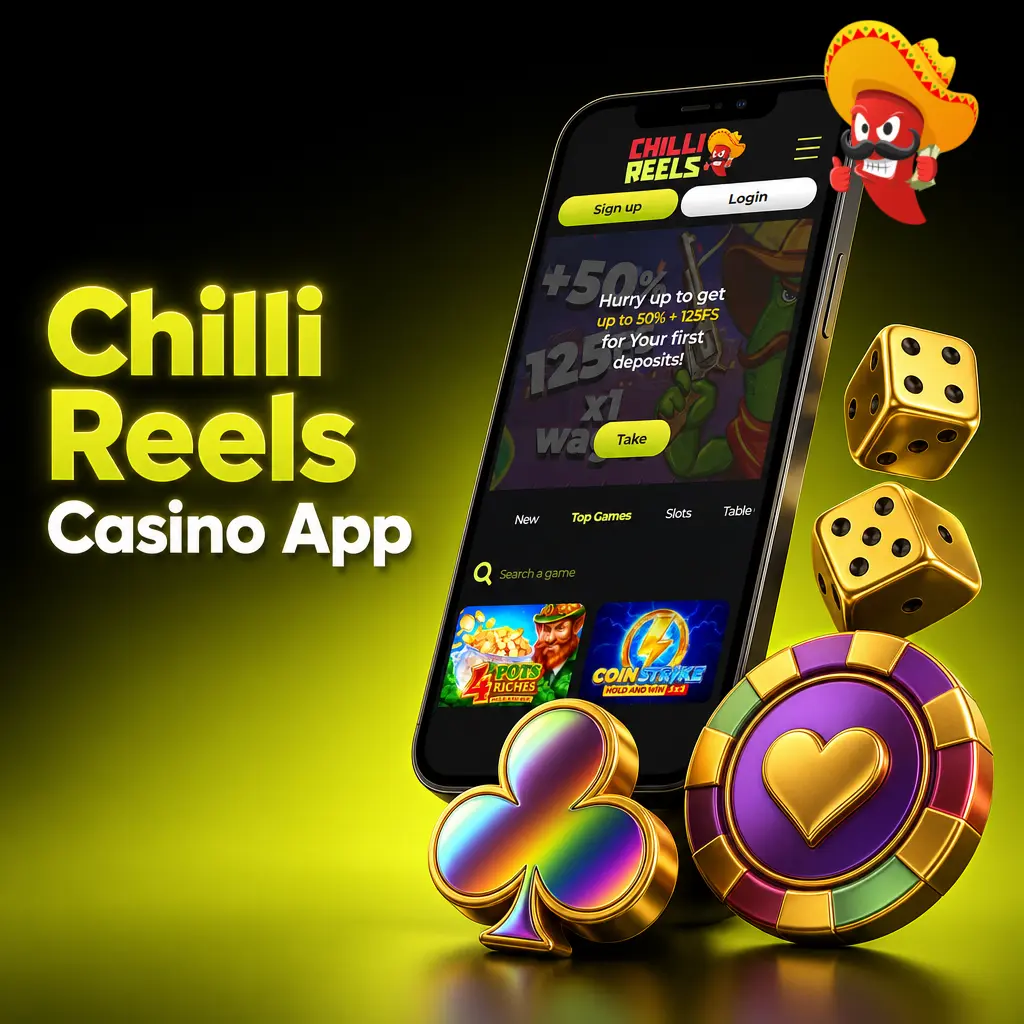 Chilli Reels Casino app interface showing slots, live dealer games, and table games from top providers like Pragmatic Play