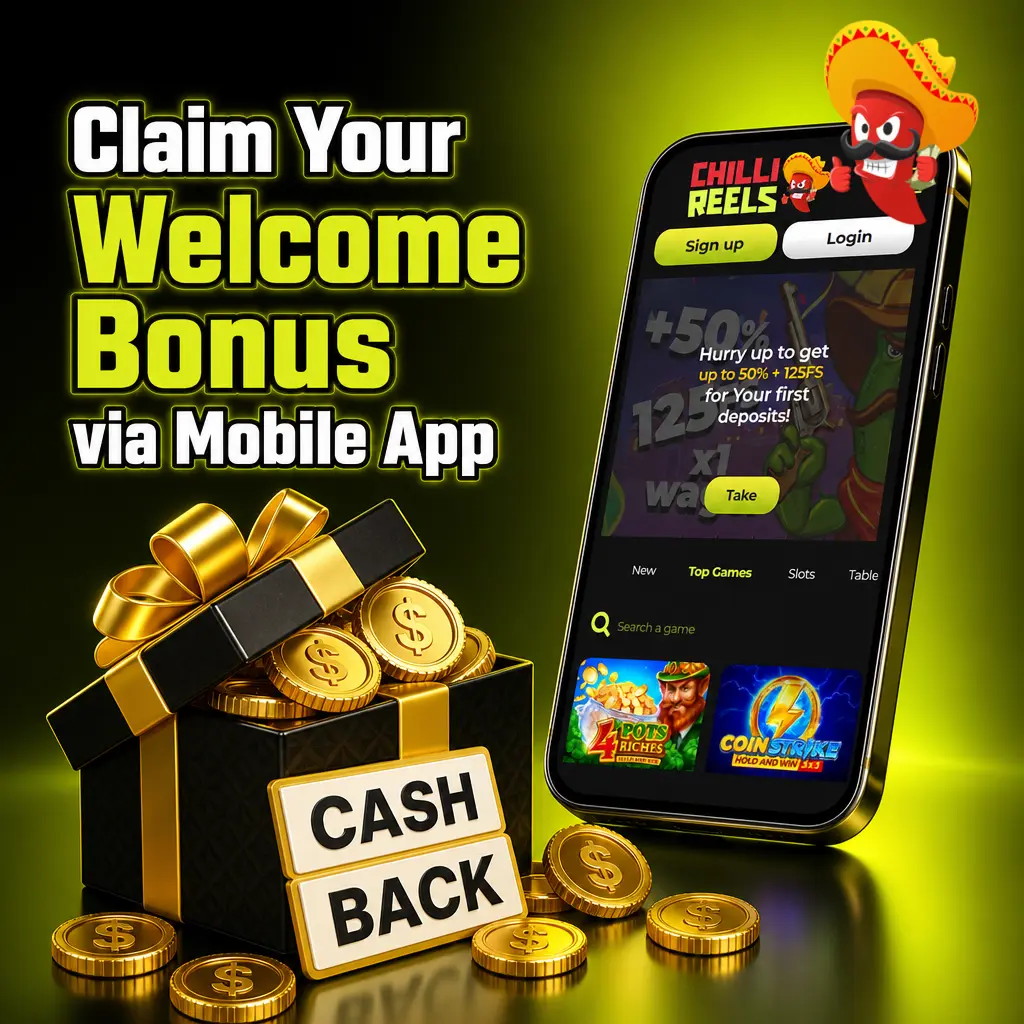 Mobile app screen showing welcome bonus claim steps with Android and iOS download options for casino players