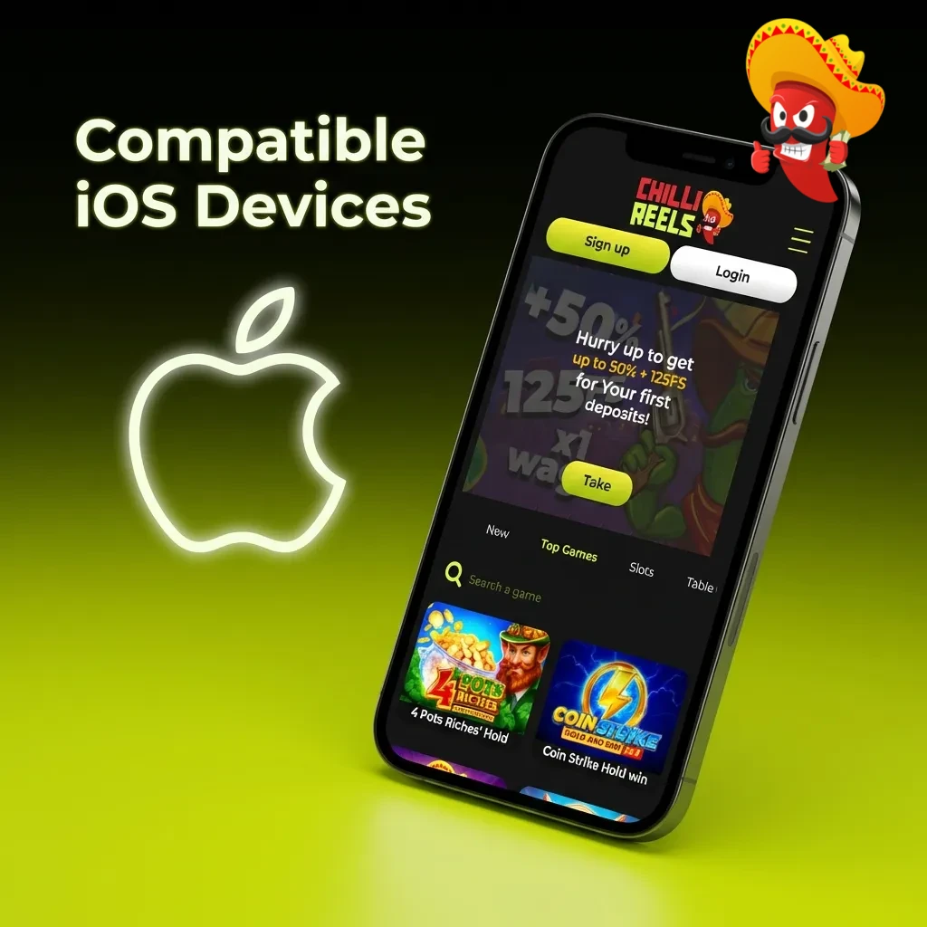 List of compatible iOS devices for Chilli Reels app including iPhone X through 15 series and recent iPad models