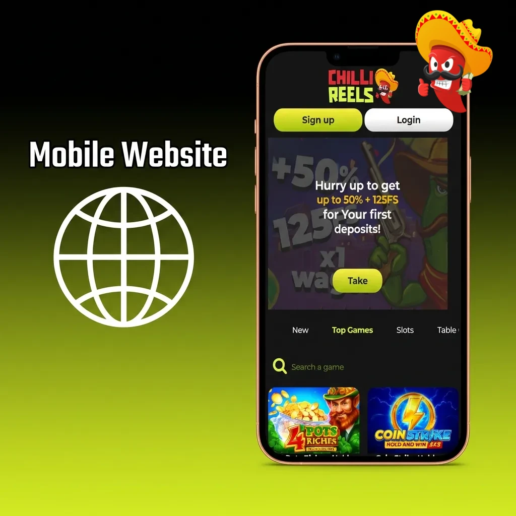 Chilli Reels mobile website interface showing responsive casino gaming platform on smartphone screen with touch controls