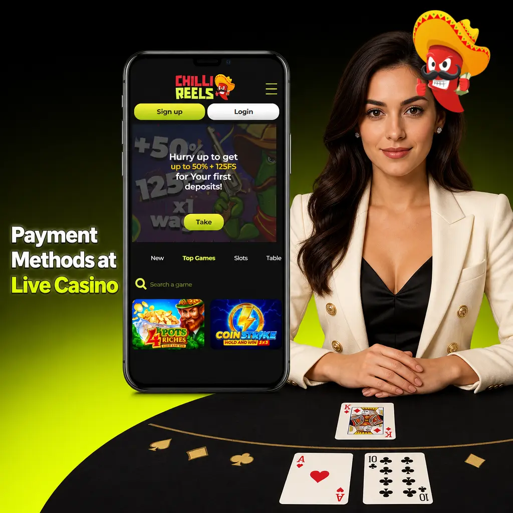 Payment methods at Chilli Reels live casino for UK players including VISA, PayPal, Skrill, Neteller, and bank transfer options