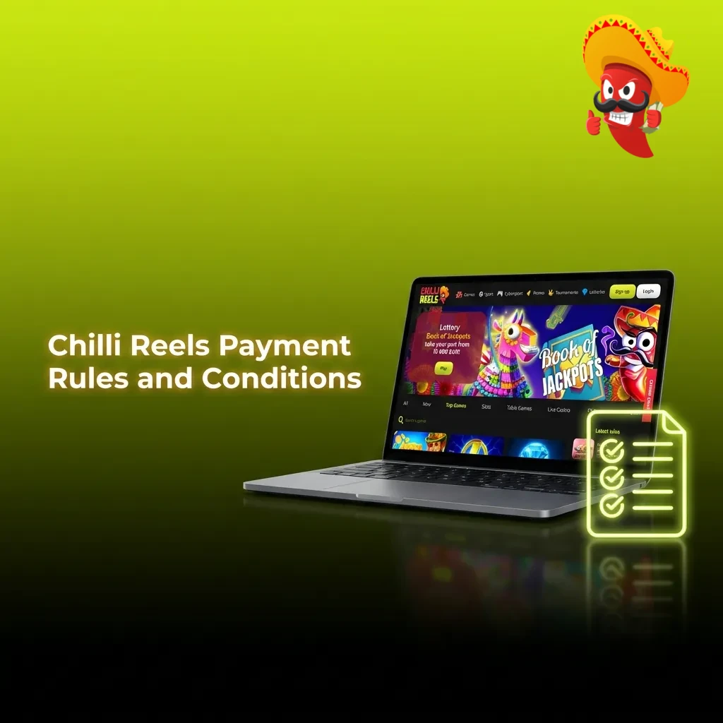 Person reviewing Chilli Reels payment rules including verification, withdrawal limits, and wagering requirements on screen