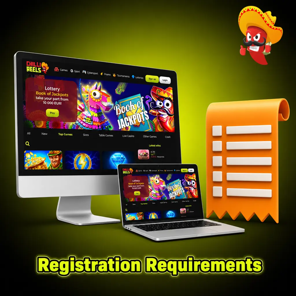 Infographic outlining registration requirements including age limit, residency, one account rule, and document verification steps.
