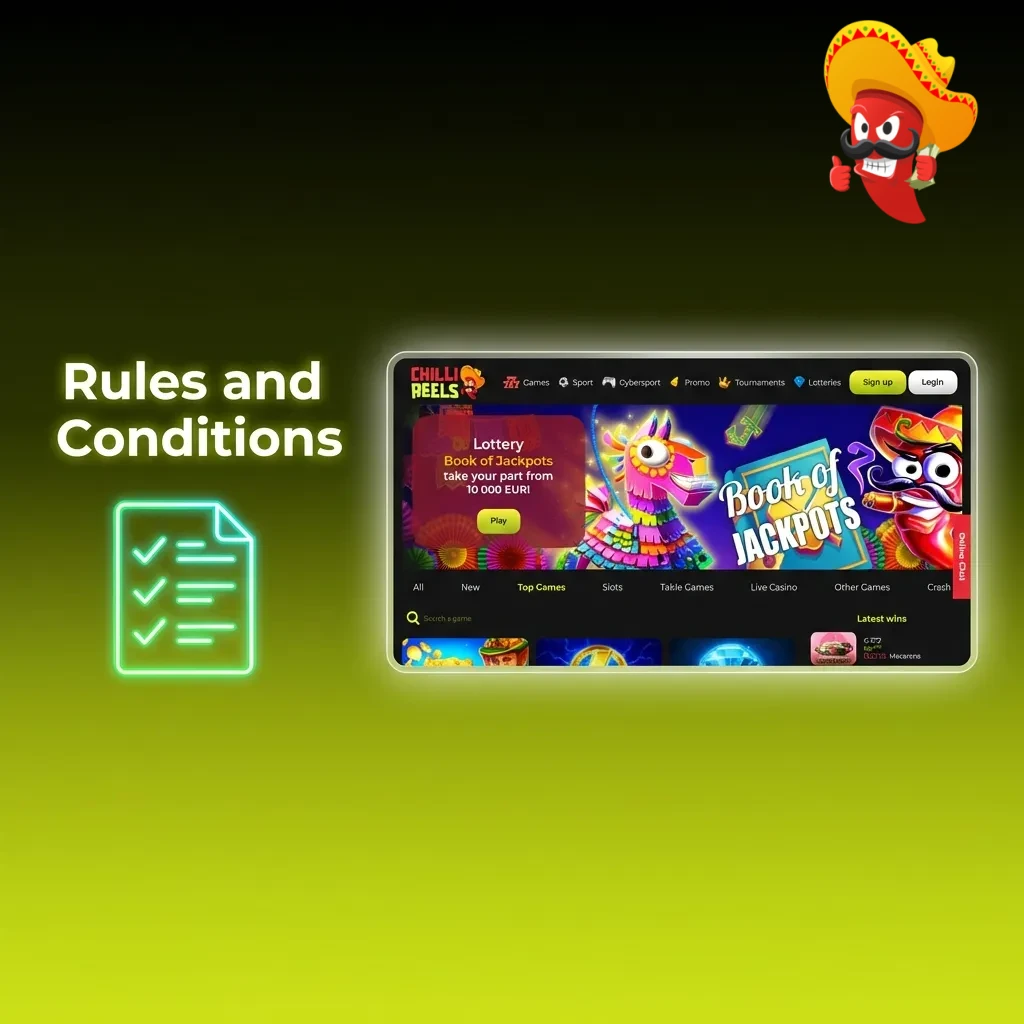 Chilli Reels UK casino rules page showing age requirements, account limits, bonus terms, and withdrawal verification conditions.