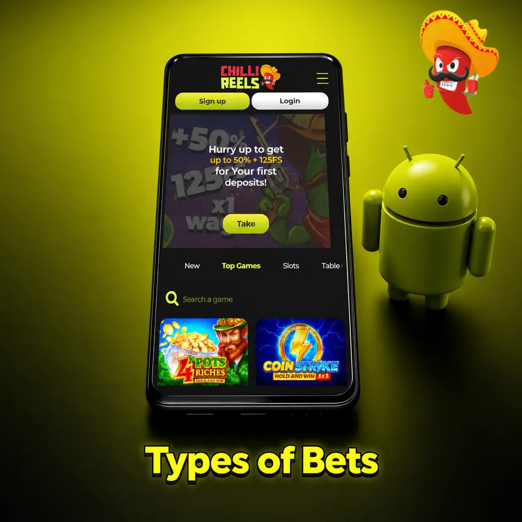 Diagram showing types of bets at Chilli Reels including single, accumulator, system, each-way, and forecast options