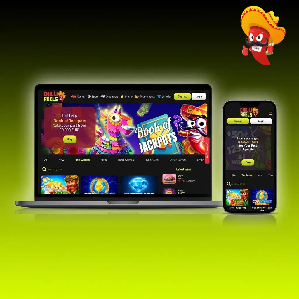 Chilli Reels website homepage showing navigation menu with Sports, Casino, Live Casino, Promotions tabs and game filters