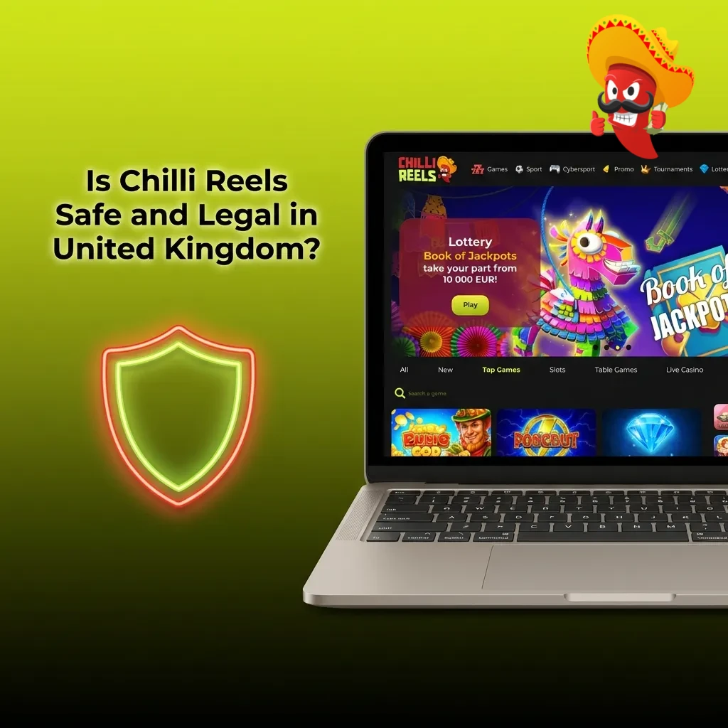 Chilli Reels casino logo with UK flag and security shield, representing licensed and legal online gambling platform
