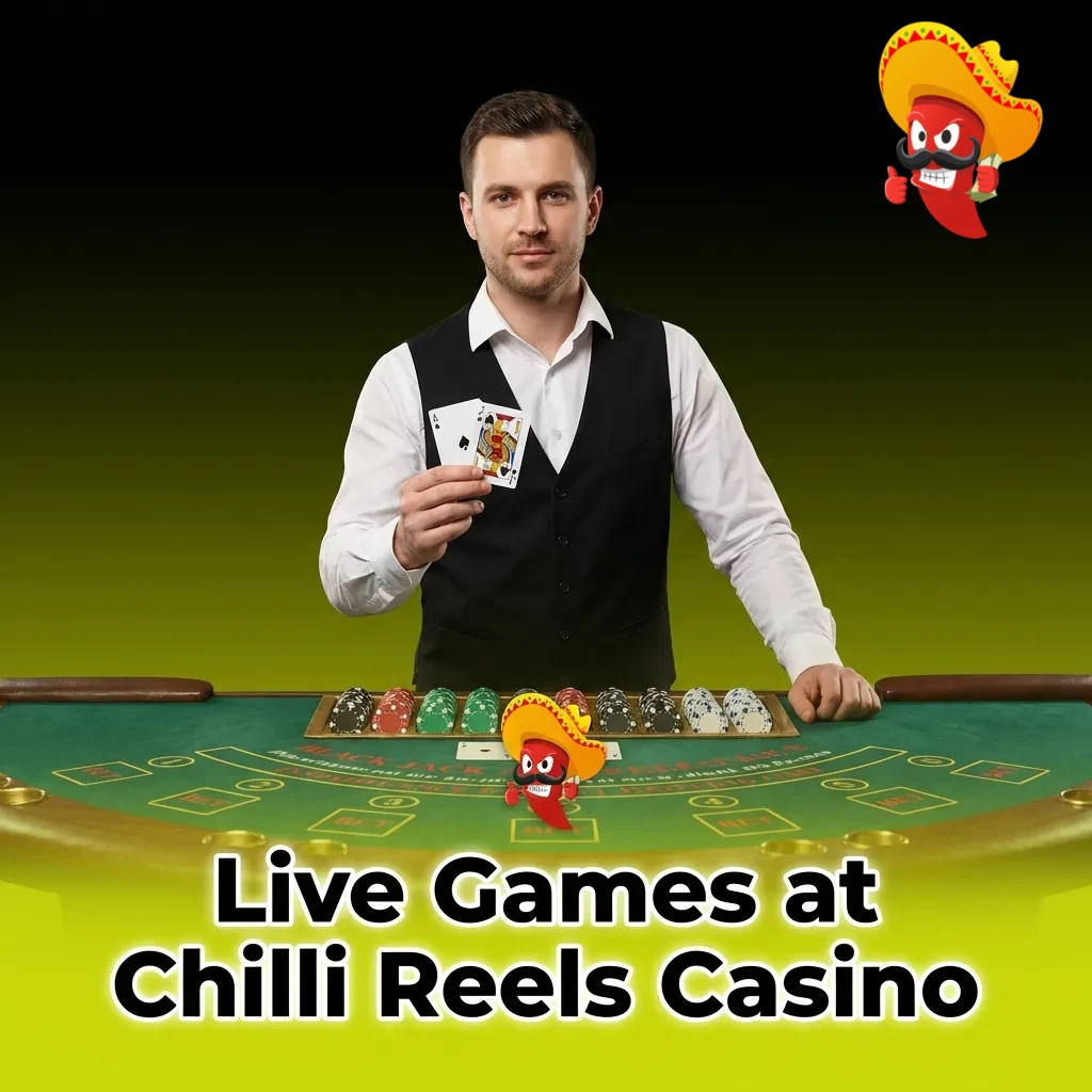 Live dealer casino games including roulette, blackjack, baccarat, poker, and game shows at Chilli Reels Casino