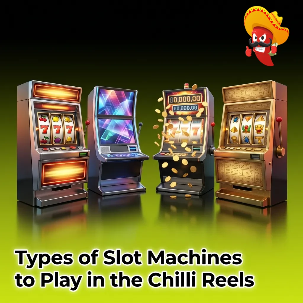 Colorful slot machine reels displaying various game types available at Chilli Reels casino including classic, video, and jackpot slots