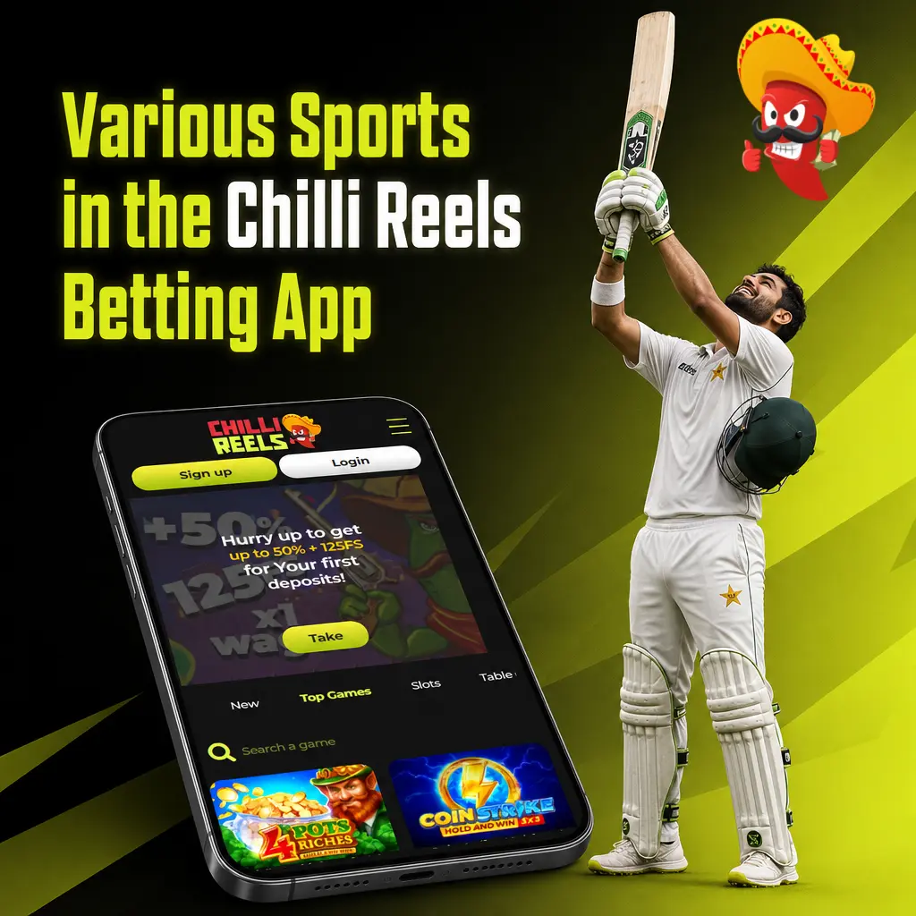 Chilli Reels betting app displaying various sports and eSports options including football, tennis, basketball, and MMA